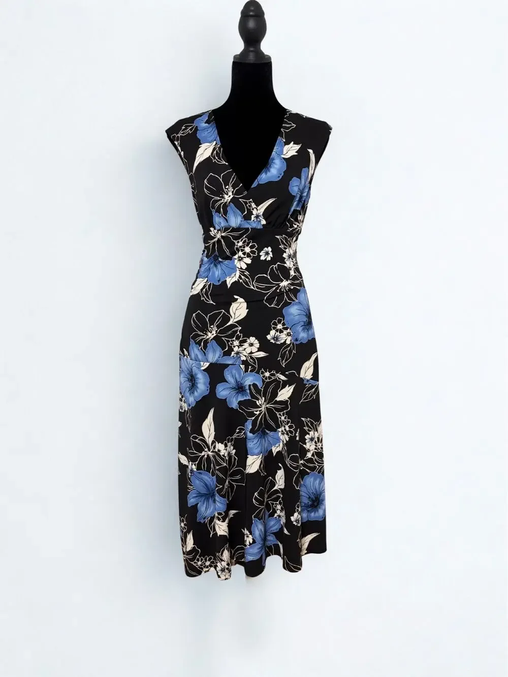 Vtg Y2K Byer Too Black Sleeveless Surplice Wrap Dress Blue Floral Print Size M